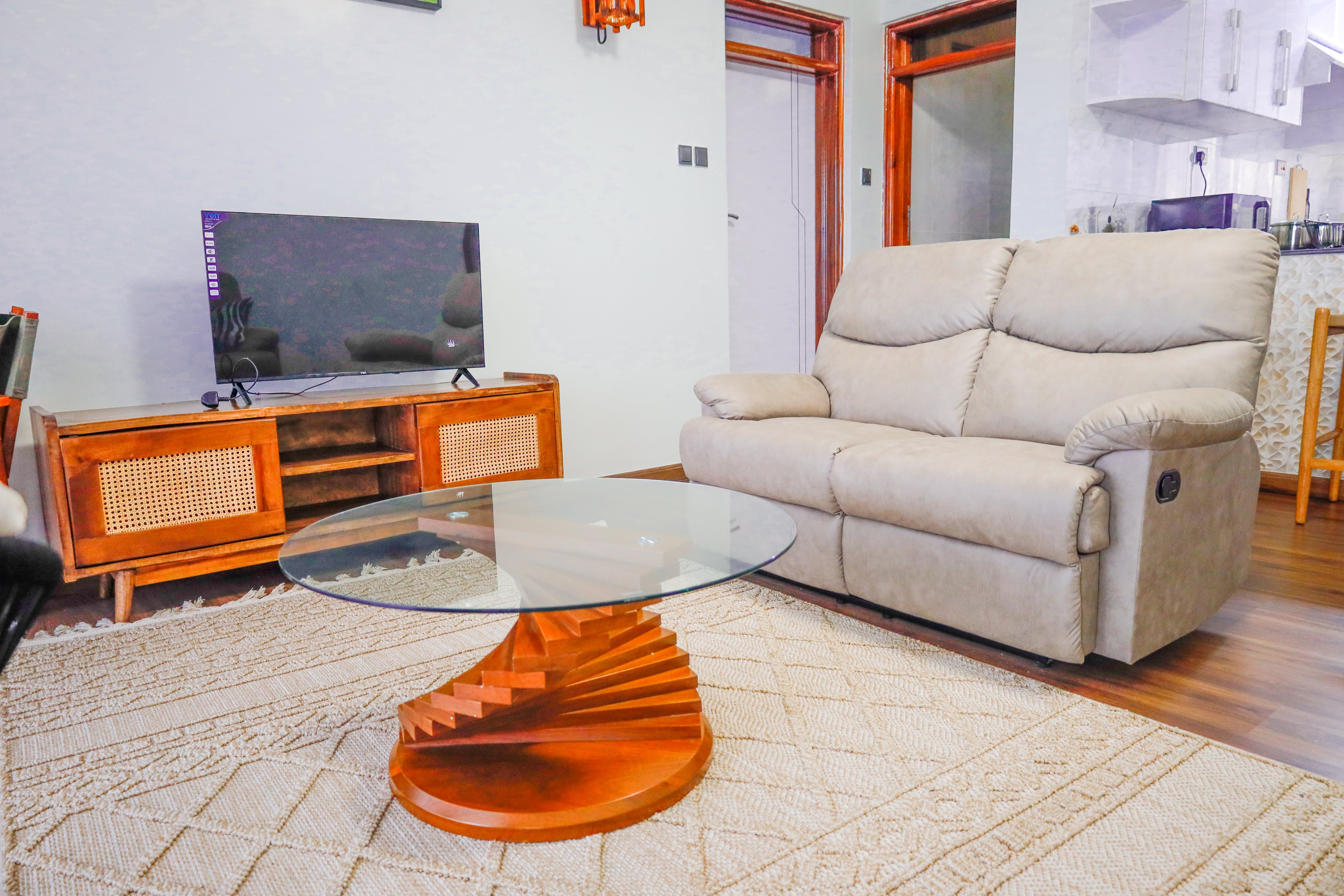 Bright furnished bedroom with warm finishes